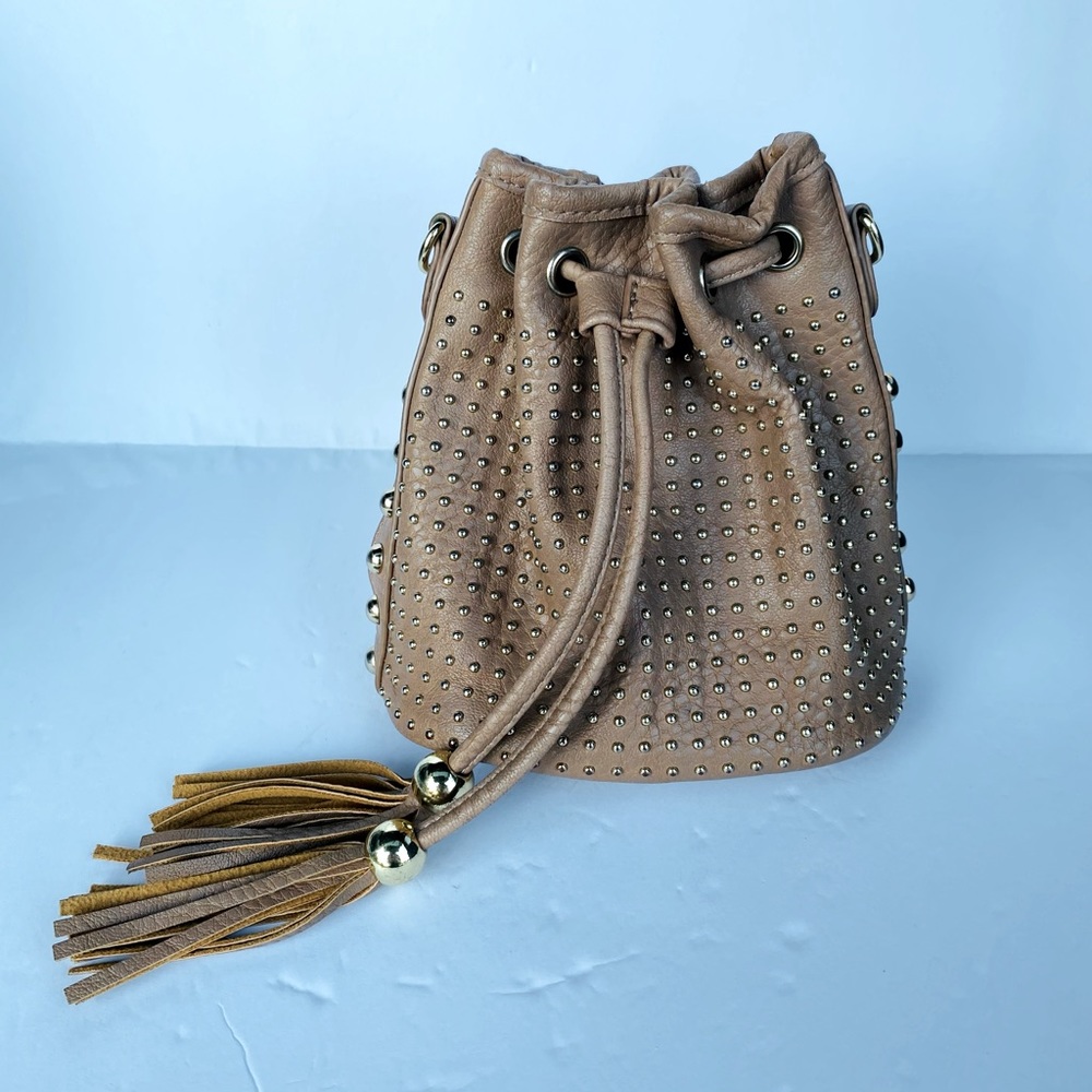 Charming Charlie Tan Satchel Purse with Gold Colored Studs Pull String Closure